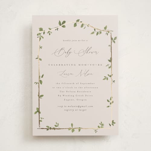 This is a fog foil stamped baby shower invitations with foil pressed by Everett Paper Goods called canopy printing on signature in standard
