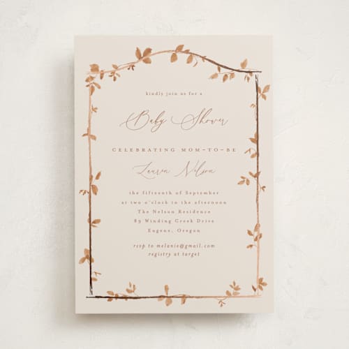 This is a cinnamon foil stamped baby shower invitations with foil pressed by Everett Paper Goods called canopy printing on signature in standard
