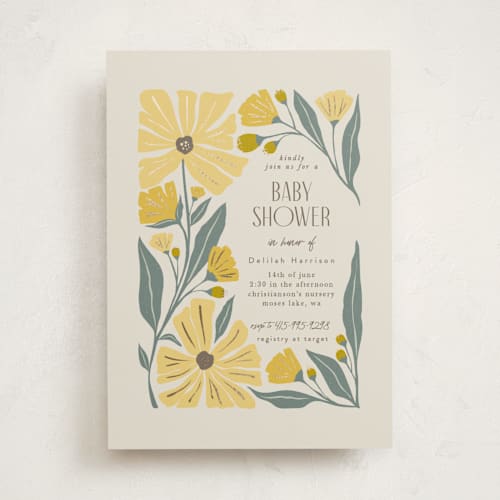 This is a buttercup foil stamped baby shower invitations with foil pressed by Karidy Walker called storybook garden printing on signature in standard