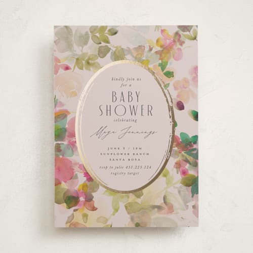This is a wild berry foil stamped baby shower invitations with foil pressed by Lori Wemple called floral jewels printing on signature in standard