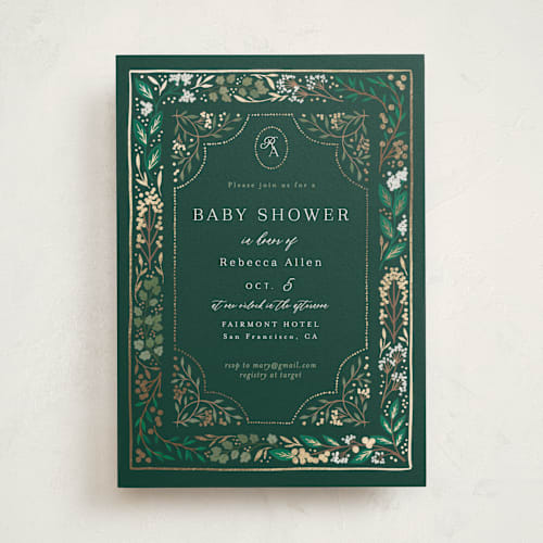 This is a evergreen foil stamped baby shower invitations with foil pressed by Alethea and Ruth called illuminated storybook printing on signature in standard