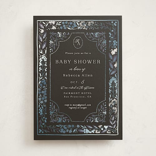 This is a gravel foil stamped baby shower invitations with foil pressed by Alethea and Ruth called illuminated storybook printing on signature in standard