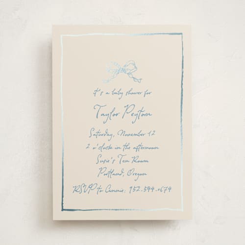 This is a dusty blue foil stamped baby shower invitations with foil pressed by Cass Loh called ribbon bow drawing printing on signature in standard