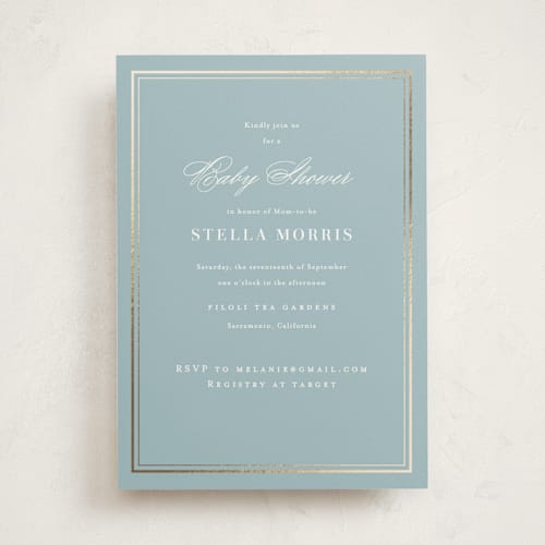 This is a powder blue foil stamped baby shower invitations with foil pressed by Jennifer Postorino called polished printing on signature in standard