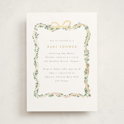This is a butter foil stamped baby shower invitations with foil pressed by Itsy Belle Studio called ribbonly frame printing on signature in standard