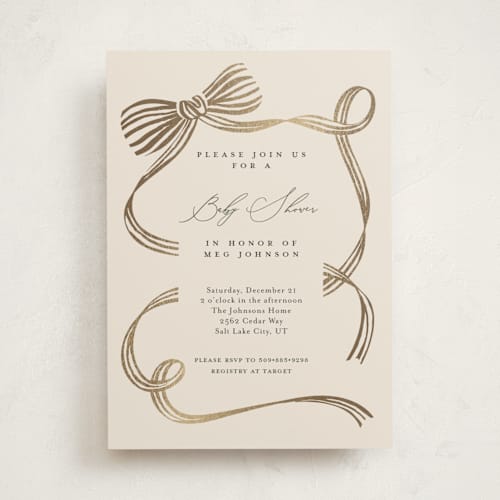 This is a olive foil stamped baby shower invitations with foil pressed by Carrie ONeal called neddy printing on signature in standard