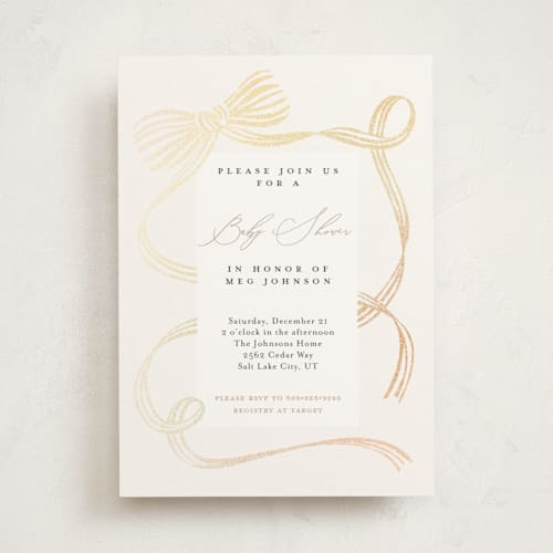 This is a tan foil stamped baby shower invitations with foil pressed by Carrie ONeal called neddy printing on signature in standard
