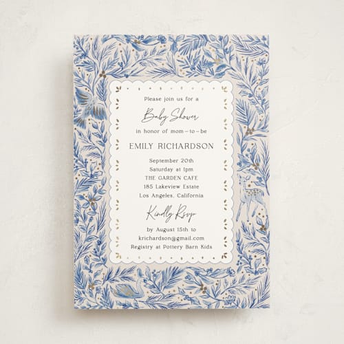This is a ocean foil stamped baby shower invitations with foil pressed by Elly called winter cottage printing on signature in standard