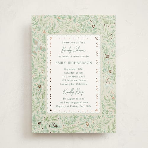 This is a mint foil stamped baby shower invitations with foil pressed by Elly called winter cottage printing on signature in standard