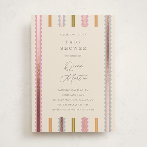 This is a vanilla foil stamped baby shower invitations with foil pressed by Pixel and Hank called swiggle printing on signature in standard