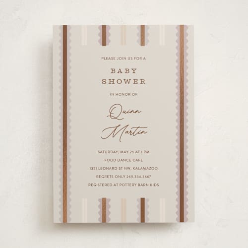 This is a mist foil stamped baby shower invitations with foil pressed by Pixel and Hank called swiggle printing on signature in standard