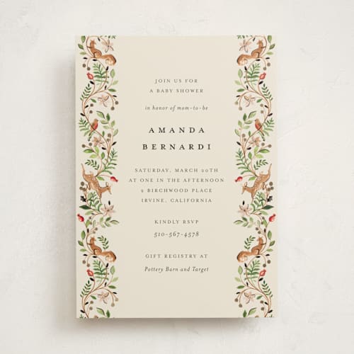 This is a peach pie foil stamped baby shower invitations with foil pressed by Sarah Knight called highlands printing on signature in standard