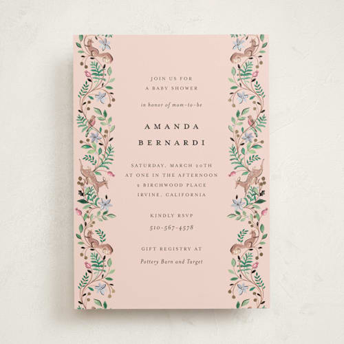 This is a blush foil stamped baby shower invitations with foil pressed by Sarah Knight called highlands printing on signature in standard