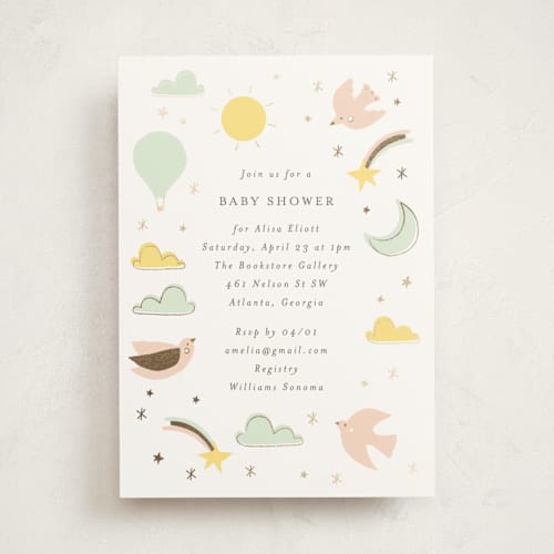 This is a mint foil stamped baby shower invitations with foil pressed by Angela Thompson called magical adventure printing on signature in standard