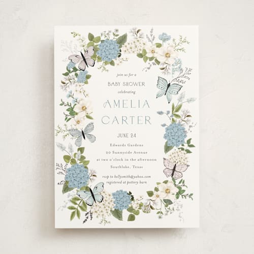 This is a periwinkle foil stamped baby shower invitations with foil pressed by Susan Moyal called garden love printing on signature in standard
