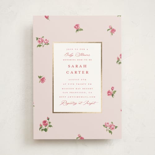 This is a blush foil stamped baby shower invitations with foil pressed by Teju Reval called romantic roses printing on signature in standard
