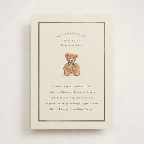This is a frost foil stamped baby shower invitations with foil pressed by Becky Nimoy called antique teddy bear printing on signature in standard