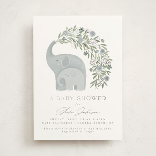 This is a puddle foil stamped baby shower invitations with foil pressed by Joanna Griffin called elephant garden printing on signature in standard