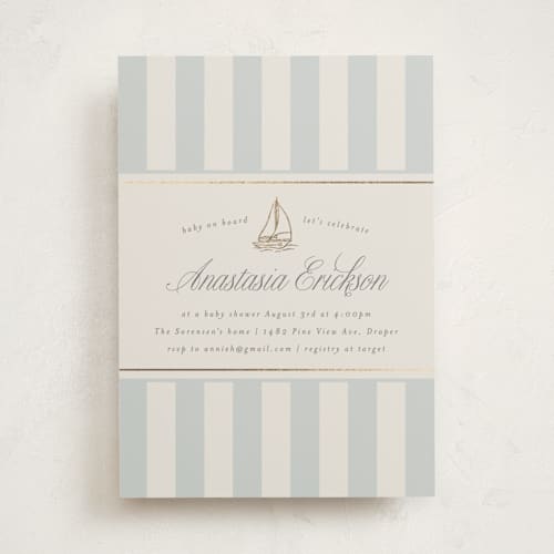 This is a fog foil stamped baby shower invitations with foil pressed by Stephanie Hawkes called on board printing on signature in standard