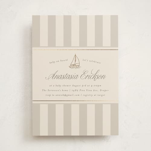 This is a cocoa foil stamped baby shower invitations with foil pressed by Stephanie Hawkes called on board printing on signature in standard