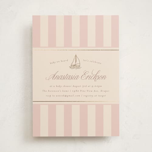 This is a rosebud foil stamped baby shower invitations with foil pressed by Stephanie Hawkes called on board printing on signature in standard
