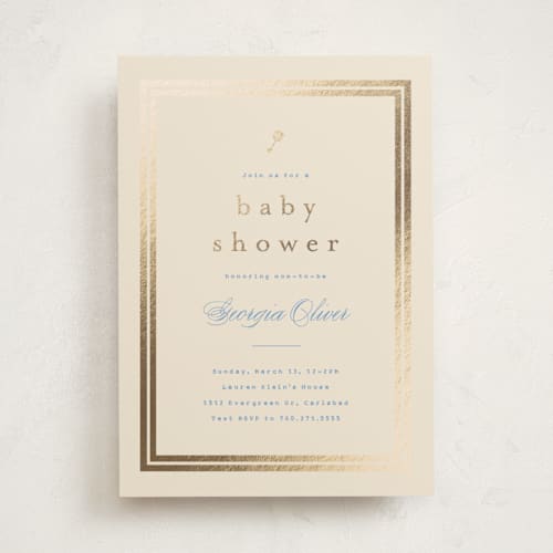 This is a powder blue foil stamped baby shower invitations with foil pressed by Carolyn MacLaren called classic start printing on signature in standard