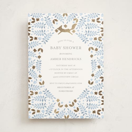 This is a denim foil stamped baby shower invitations with foil pressed by Hallie Fischer called foxy baby shower printing on signature in standard
