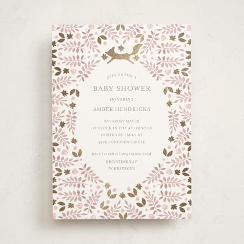This is a blush foil stamped baby shower invitations with foil pressed by Hallie Fischer called foxy baby shower printing on signature in standard