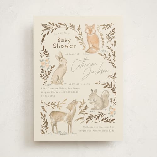 This is a ginger foil stamped baby shower invitations with foil pressed by Creo Study called vintage woodland printing on signature in standard