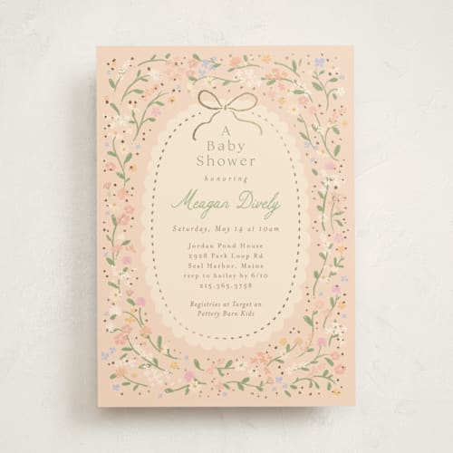 This is a ballet slipper foil stamped baby shower invitations with foil pressed by Jennifer Wick called new blooms printing on signature in standard