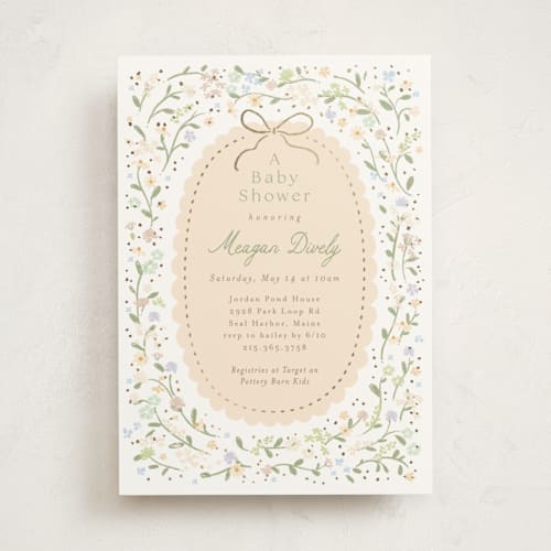This is a vanilla foil stamped baby shower invitations with foil pressed by Jennifer Wick called new blooms printing on signature in standard
