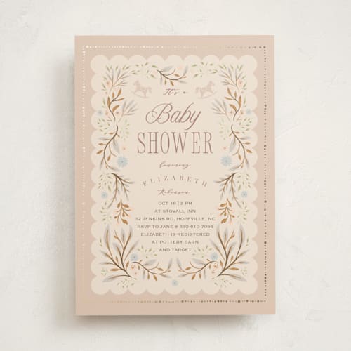 This is a blush foil stamped baby shower invitations with foil pressed by Hannah Williams called storybook printing on signature in standard