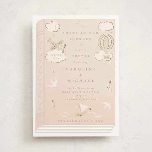 This is a blush foil stamped baby shower invitations with foil pressed by Jennifer Holbrook called our journey printing on signature in standard