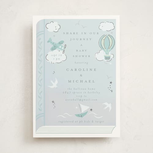 This is a sky foil stamped baby shower invitations with foil pressed by Jennifer Holbrook called our journey printing on signature in standard
