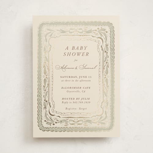 This is a buttercream foil stamped baby shower invitations with foil pressed by Lucrecia Caporale called scallop border printing on signature in standard
