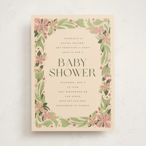 This is a petal foil stamped baby shower invitations with foil pressed by Katie Zimpel called bright botanical border printing on signature in standard