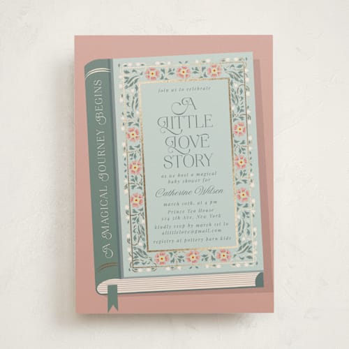 This is a sage foil stamped baby shower invitations with foil pressed by Ana de Sousa called little love story printing on signature in standard