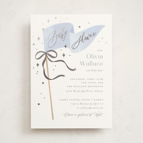 This is a baby blue foil stamped baby shower invitations with foil pressed by Paper Raven Co. called bows & banners printing on signature in standard