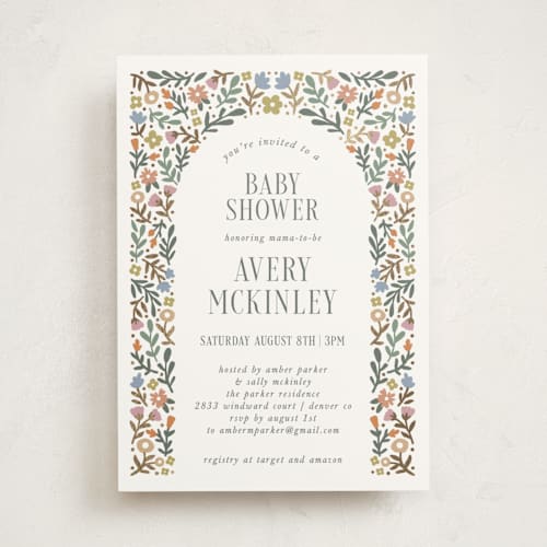 This is a garden foil stamped baby shower invitations with foil pressed by Kelly Watkins called floral archway printing on signature in standard