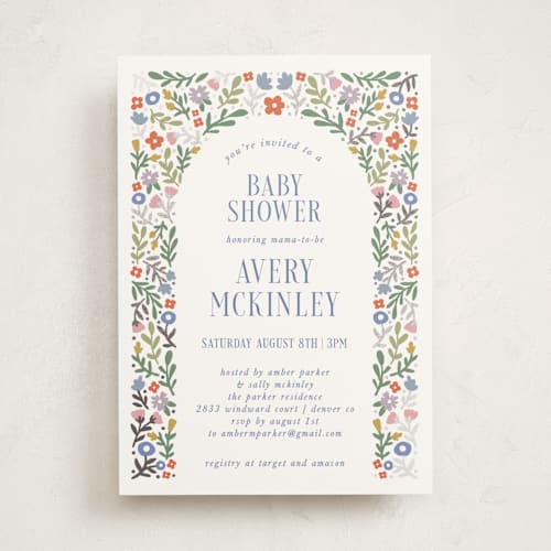 This is a summer foil stamped baby shower invitations with foil pressed by Kelly Watkins called floral archway printing on signature in standard