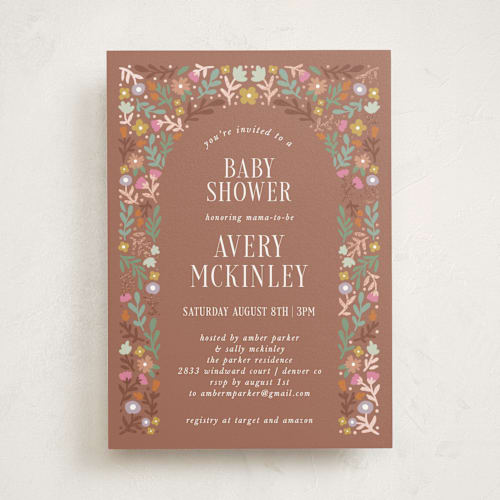 This is a apricot foil stamped baby shower invitations with foil pressed by Kelly Watkins called floral archway printing on signature in standard