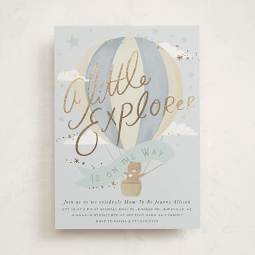 This is a powder foil stamped baby shower invitations with foil pressed by Hannah Williams called little explorer printing on signature in standard