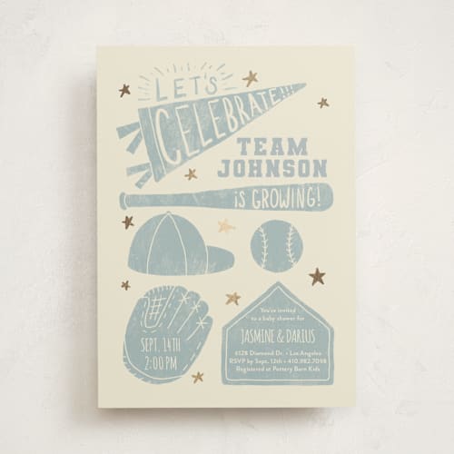 This is a sky foil stamped baby shower invitations with foil pressed by Rebekah Canavan called baseball baby shower printing on signature in standard