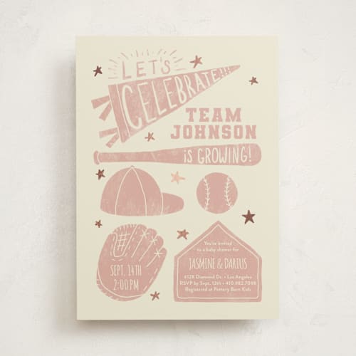 This is a bubblegum foil stamped baby shower invitations with foil pressed by Rebekah Canavan called baseball baby shower printing on signature in standard