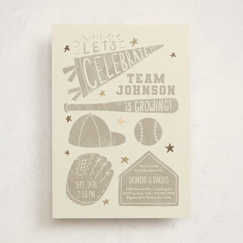 This is a sand foil stamped baby shower invitations with foil pressed by Rebekah Canavan called baseball baby shower printing on signature in standard