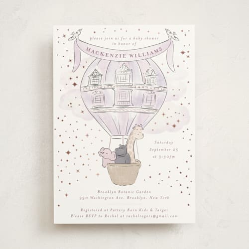 This is a lavender foil stamped baby shower invitations with foil pressed by Jenna Holcomb called bebe printing on signature in standard