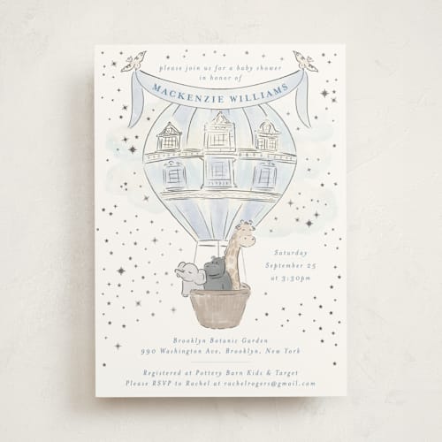This is a celestial foil stamped baby shower invitations with foil pressed by Jenna Holcomb called bebe printing on signature in standard
