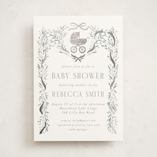 This is a cloud foil stamped baby shower invitations with foil pressed by Petra Kern called little bebe printing on signature in standard
