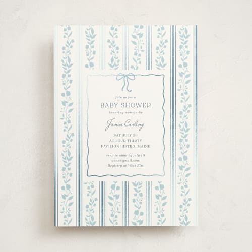 This is a powder blue foil stamped baby shower invitations with foil pressed by Anna Black called vintage stripe printing on signature in standard