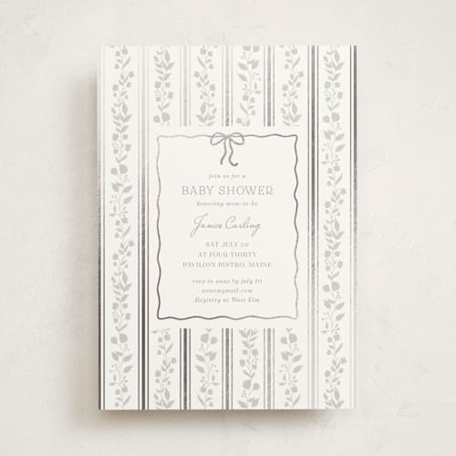 This is a seashell foil stamped baby shower invitations with foil pressed by Anna Black called vintage stripe printing on signature in standard